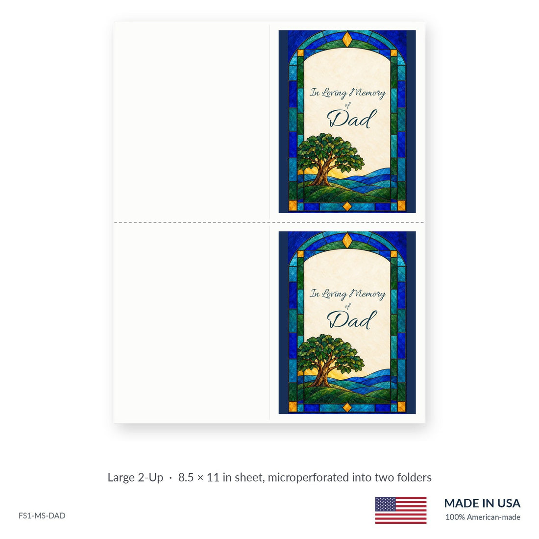 For Dad funeral service folders, Large 2-Up 8.5 × 11 in sheet microperforated into two folders, Funeral Source One FS1-MS-DAD