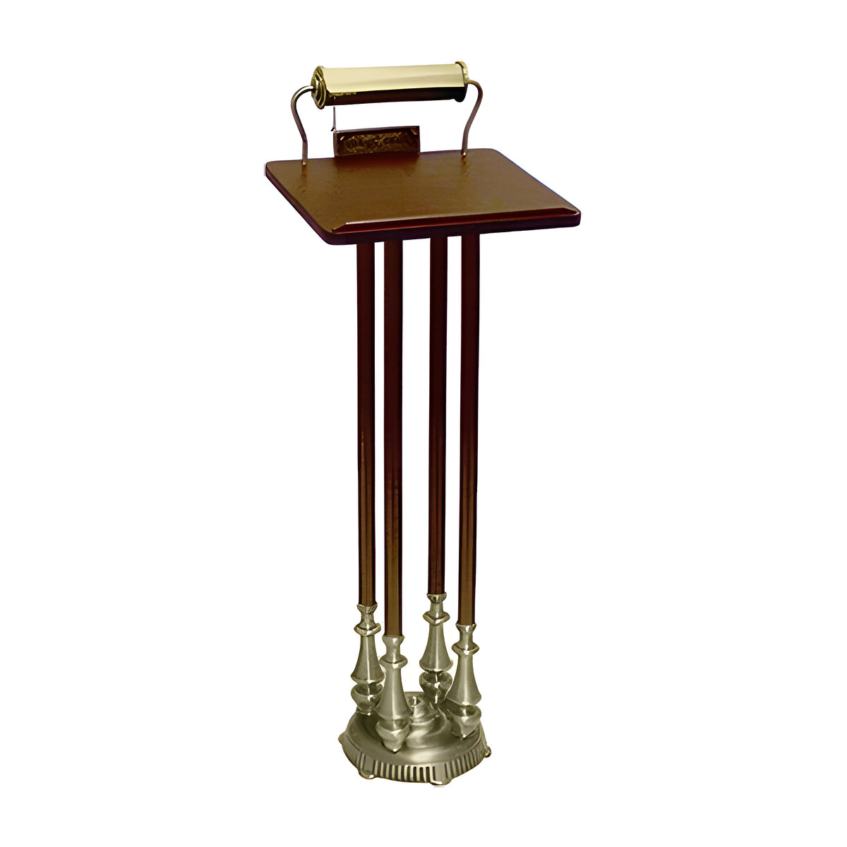 Four Column Register Stand in walnut laminate with a brass-finish frame by American Mortuary Equipment
