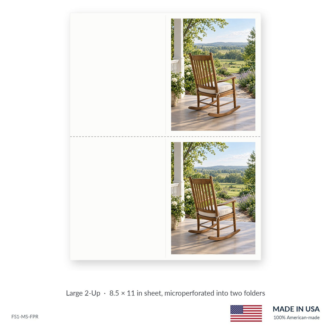 Front Porch funeral service folders, Large 2-Up 8.5 × 11 in sheet microperforated into two folders, Funeral Source One FS1-MS-FPR