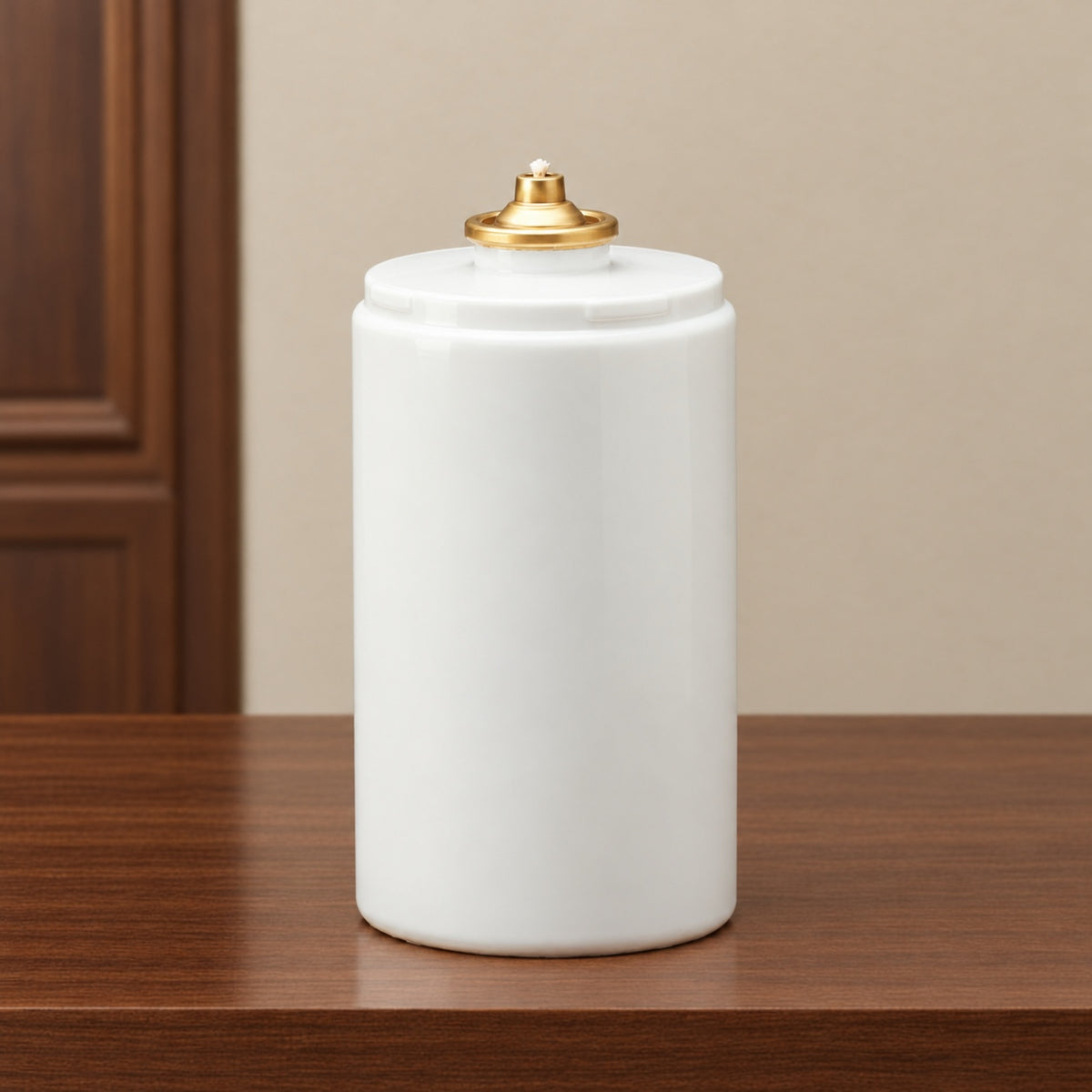 FS1 170-hour liquid candle with white vessel and gold-tone burner cap