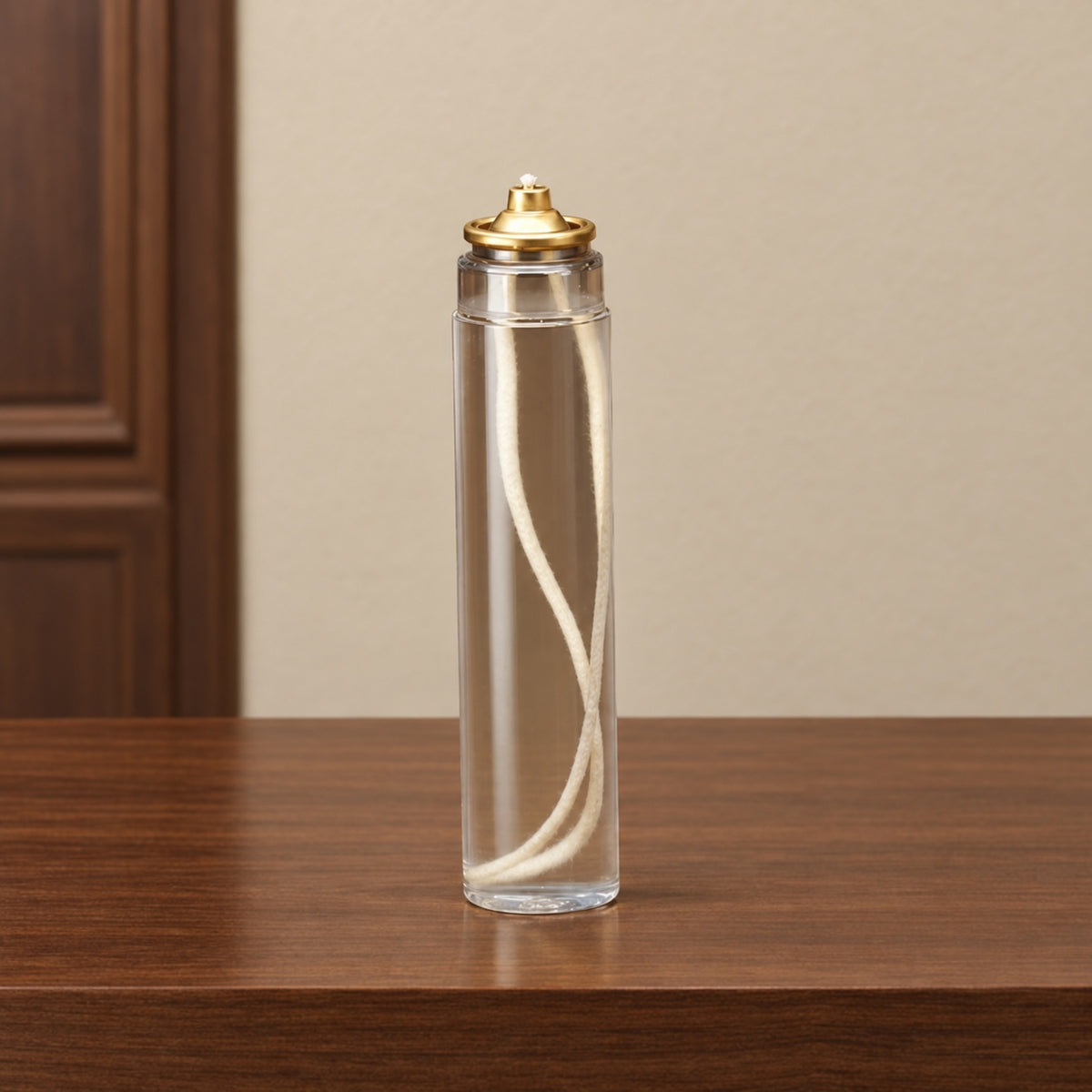 FS1 30-hour liquid paraffin oil candle shown on walnut showroom counter