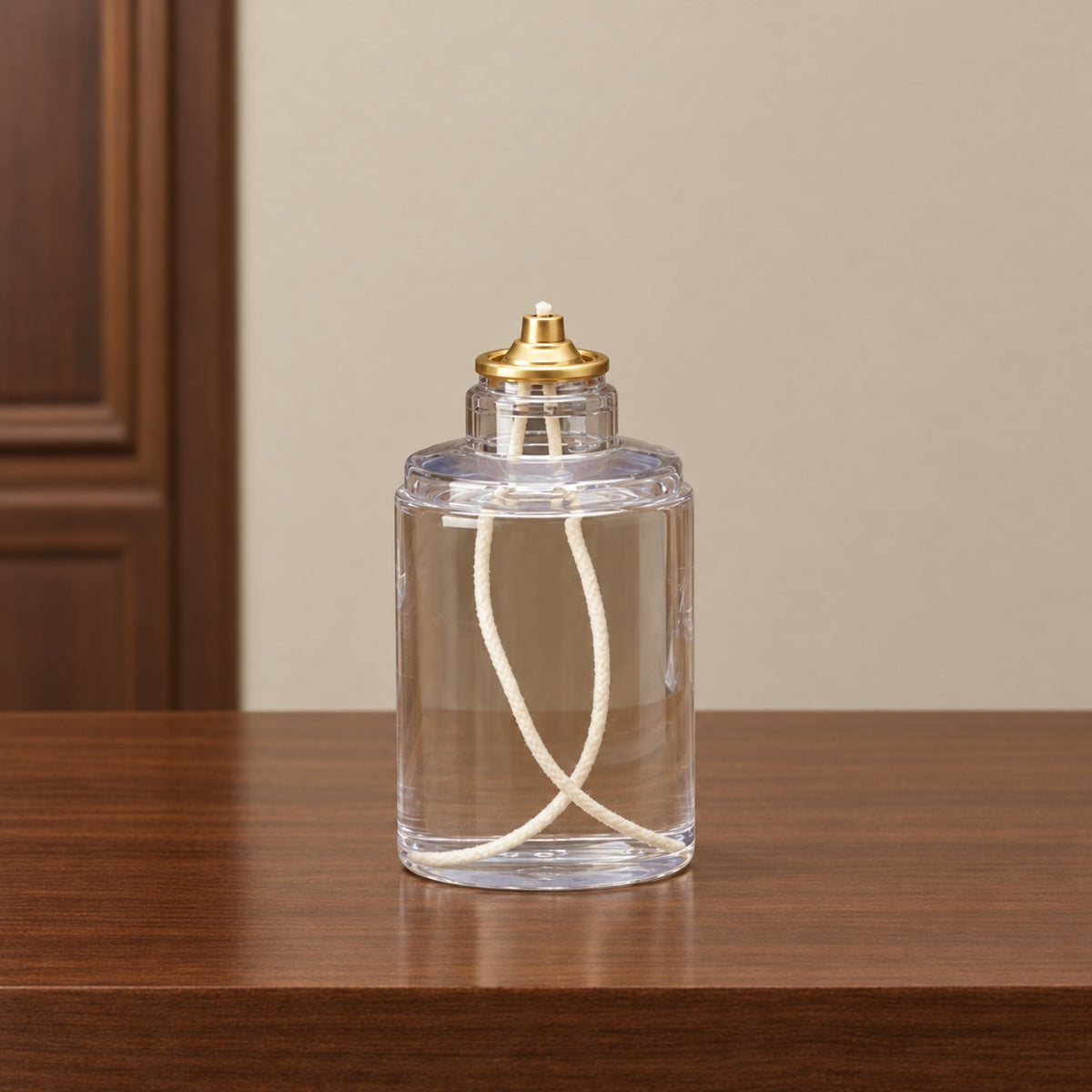 FS1 90-hour liquid paraffin oil candle shown on walnut showroom counter