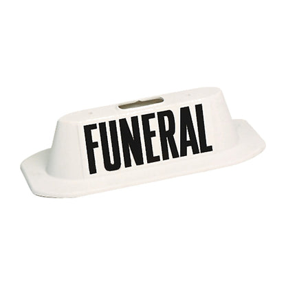 White magnetic funeral safety marker with black FUNERAL lettering
