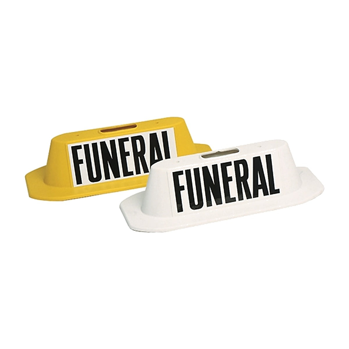 Yellow and white magnetic funeral procession safety markers