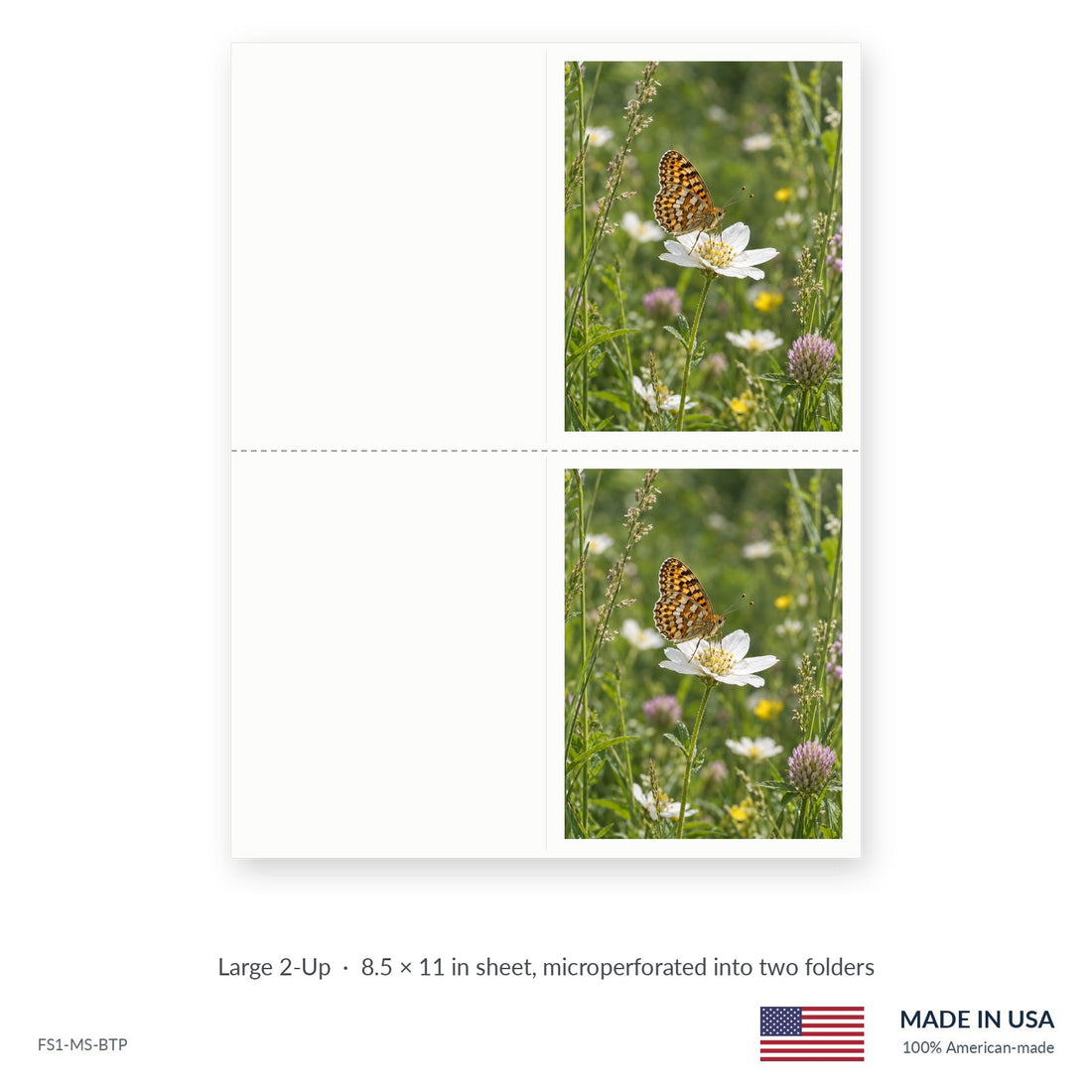 Garden Butterfly funeral service folders, Large 2-Up 8.5 × 11 in sheet microperforated into two folders, Funeral Source One FS1-MS-BTP