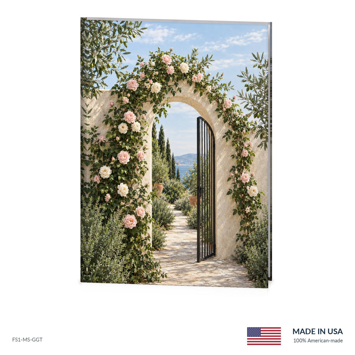 Garden Gate funeral register book with full-color cover wrap and visible page edge, Funeral Source One FS1-MS-GGT, Made in the USA