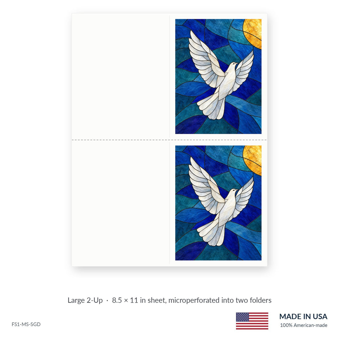 Glass Dove funeral service folders, Large 2-Up 8.5 × 11 in sheet microperforated into two folders, Funeral Source One FS1-MS-SGD