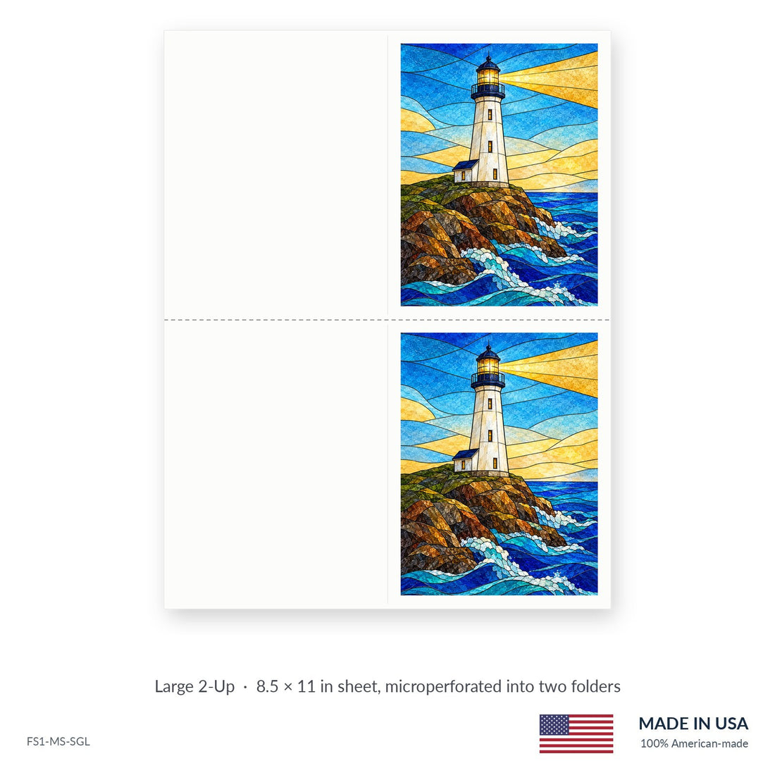 Glass Lighthouse funeral service folders, Large 2-Up 8.5 × 11 in sheet microperforated into two folders, Funeral Source One FS1-MS-SGL