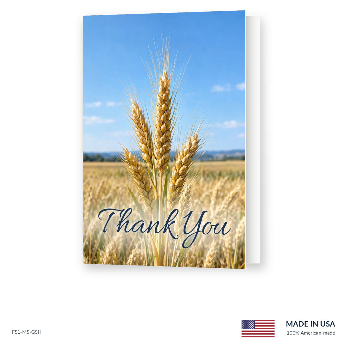 Golden Wheat funeral acknowledgment card shown slightly open, Funeral Source One FS1-MS-GSH, Made in the USA