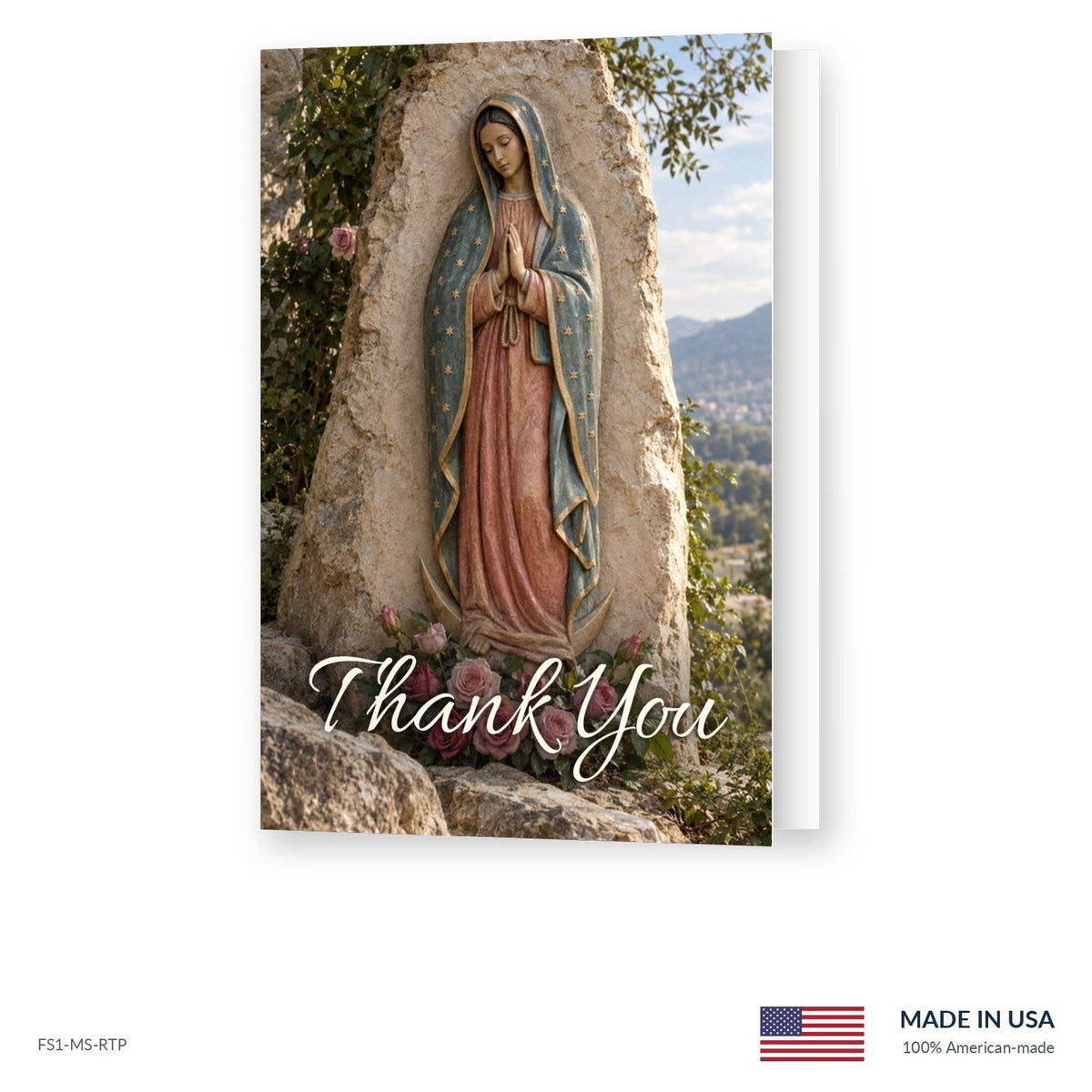 Guadalupe funeral acknowledgment card shown slightly open, Funeral Source One FS1-MS-RTP, Made in the USA