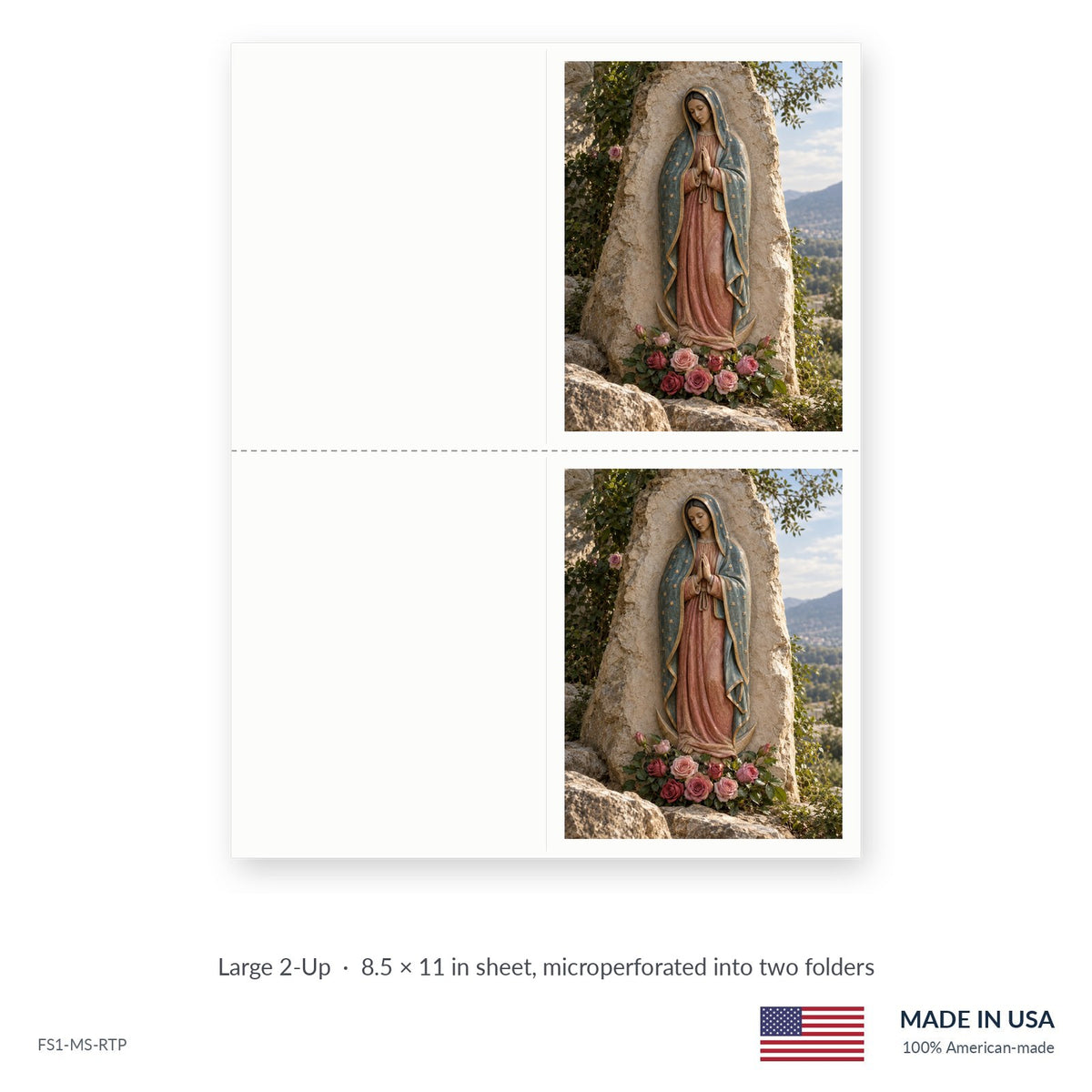 Guadalupe funeral service folders, Large 2-Up 8.5 × 11 in sheet microperforated into two folders, Funeral Source One FS1-MS-RTP