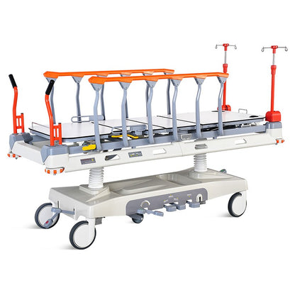 Overhead view detailing the extra-wide reinforced bariatric litter surface and integrated oxygen tank storage tray on the Deathcare.Inc Transport Clinical Stretcher, available factory-direct on medicalstretchers.com as an enterprise-grade alternative to Mobi Medical.