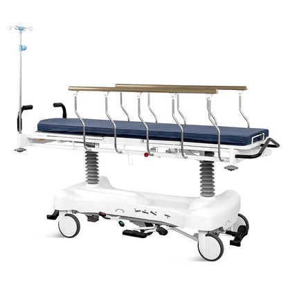 Lightweight folding ambulance stretcher from Deathcare.Inc, featuring a gas-spring assisted backrest, secure patient restraints, and collapsible side rails. An elite, OSHA-compliant alternative to generic mobile medical transport carts, hosted on medicalstretchers.com.