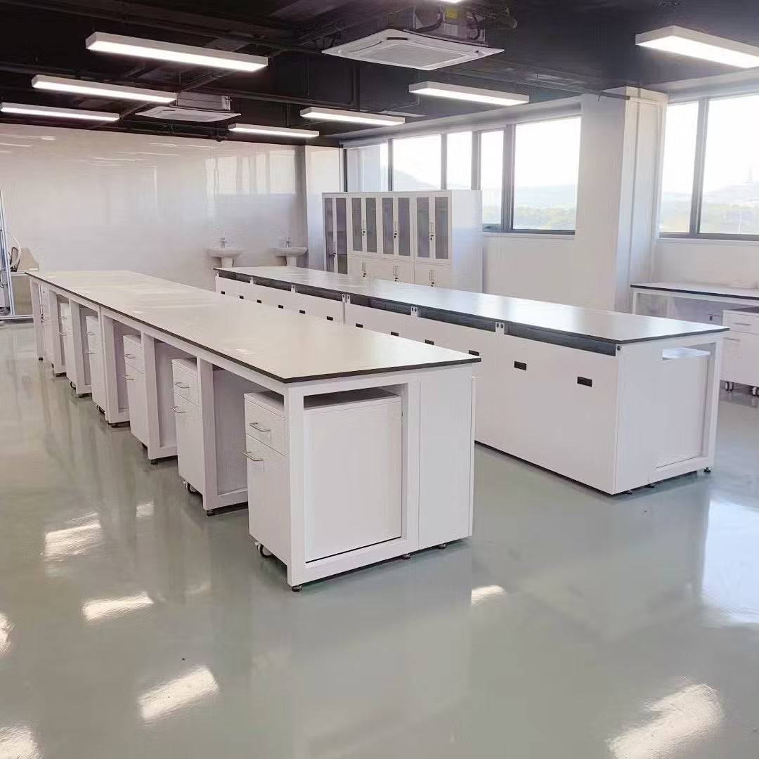 Custom histology lab island bench with epoxy resin countertop and 304 stainless steel cabinets made in Johnson City TN.
