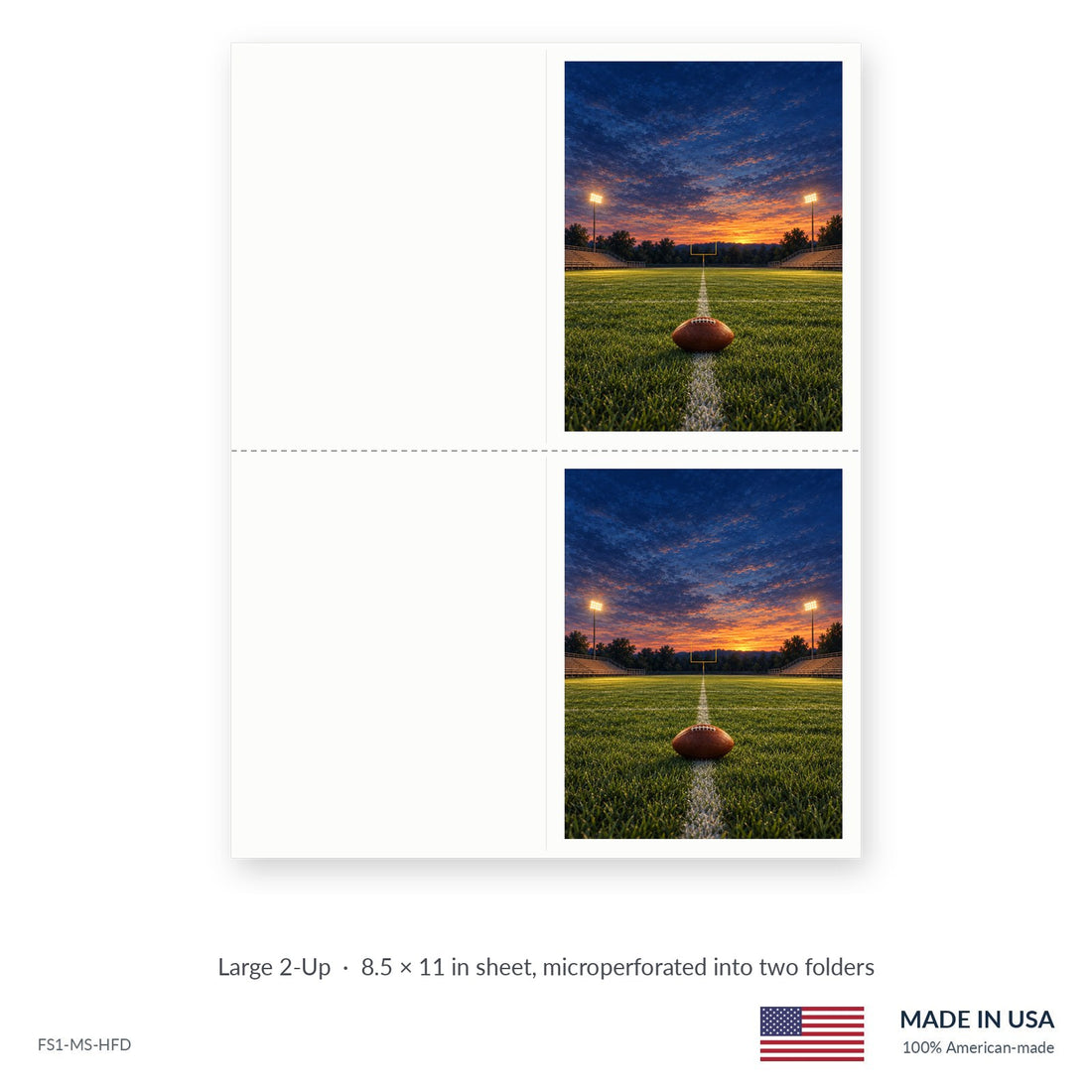 Home Field funeral service folders, Large 2-Up 8.5 × 11 in sheet microperforated into two folders, Funeral Source One FS1-MS-HFD