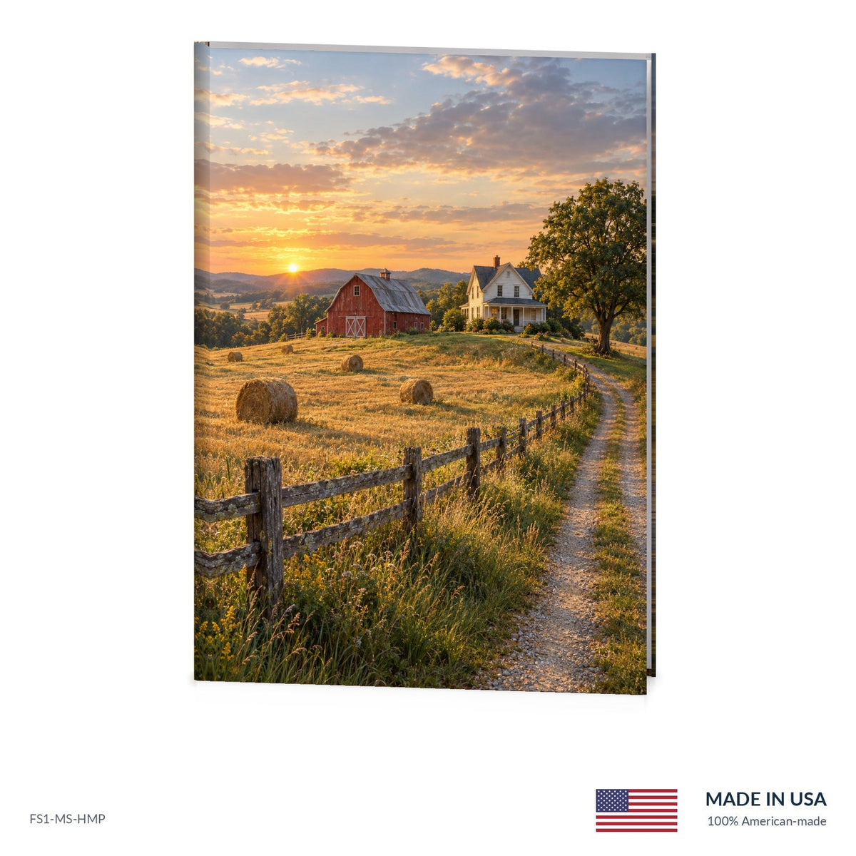 Homeplace funeral register book with full-color cover wrap and visible page edge, Funeral Source One FS1-MS-HMP, Made in the USA