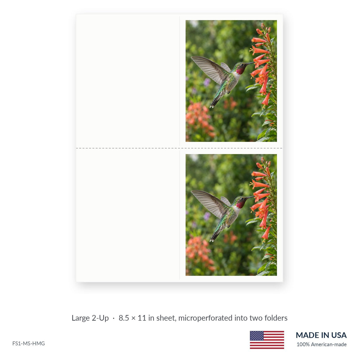 Hummingbird Garden funeral service folders, Large 2-Up 8.5 × 11 in sheet microperforated into two folders, Funeral Source One FS1-MS-HMG