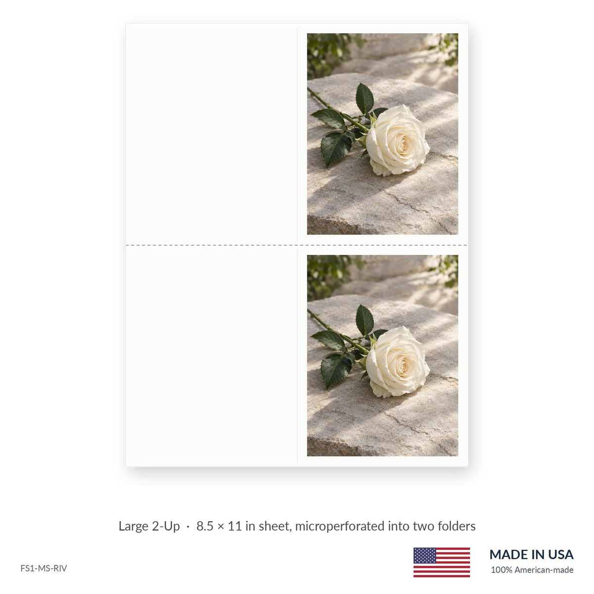 Ivory Rose funeral service folders, Large 2-Up 8.5 × 11 in sheet microperforated into two folders, Funeral Source One FS1-MS-RIV