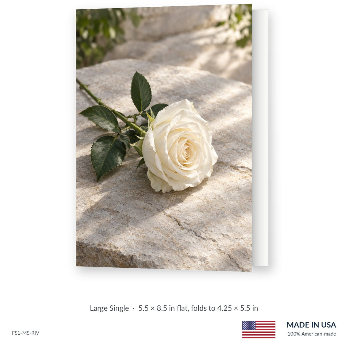 Ivory Rose funeral service folder, Large Single 5.5 × 8.5 in, shown slightly open, Funeral Source One FS1-MS-RIV, Made in the USA