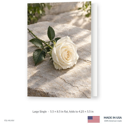 Ivory Rose funeral service folder, Large Single 5.5 × 8.5 in, shown slightly open, Funeral Source One FS1-MS-RIV, Made in the USA