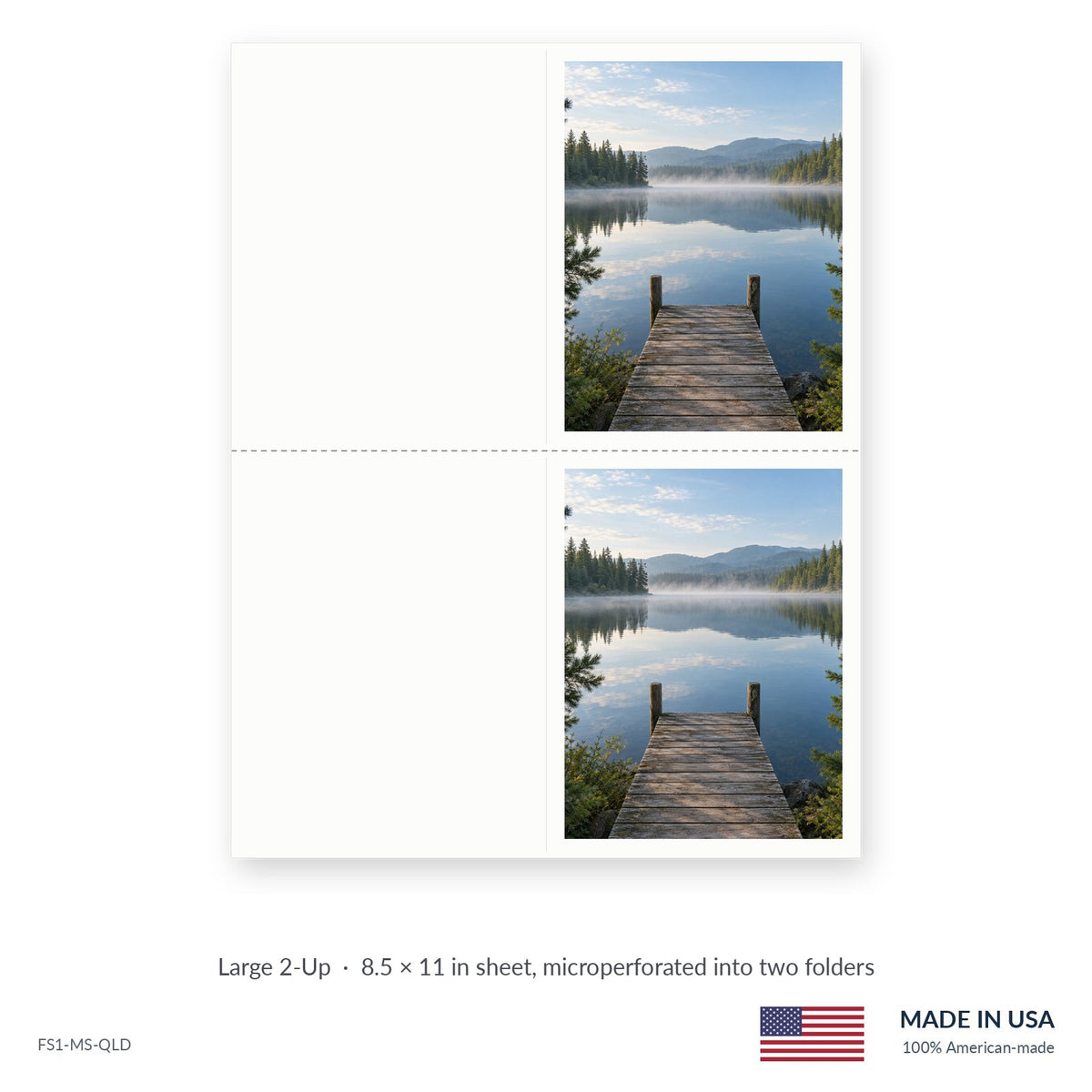 Lakeside Dock funeral service folders, Large 2-Up 8.5 × 11 in sheet microperforated into two folders, Funeral Source One FS1-MS-QLD