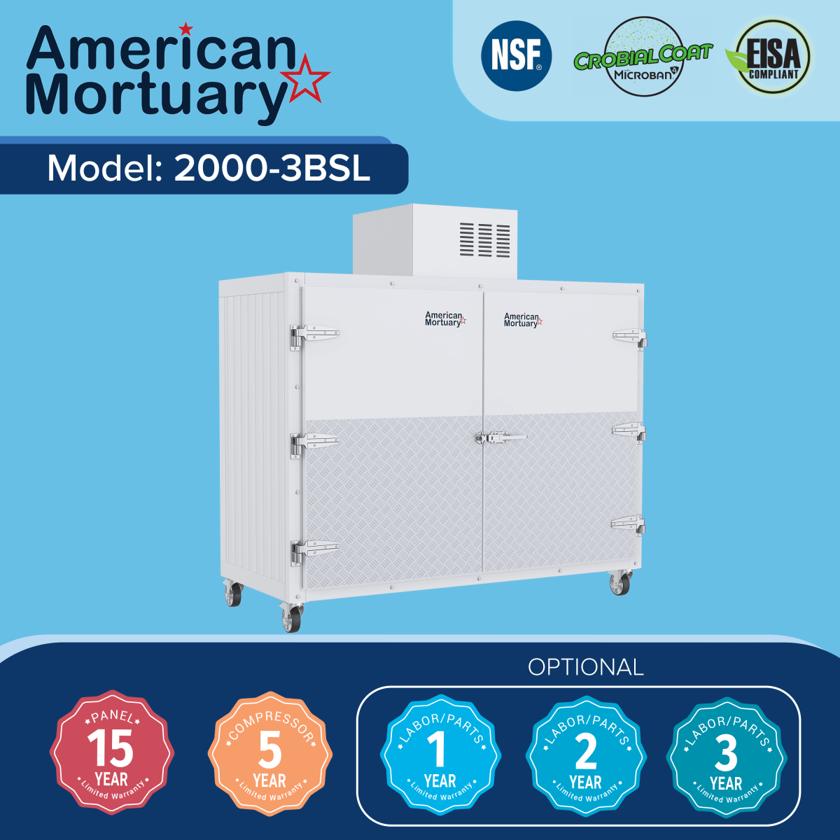 American-made side-loading upright mortuary cooler manufactured by American Mortuary Coolers