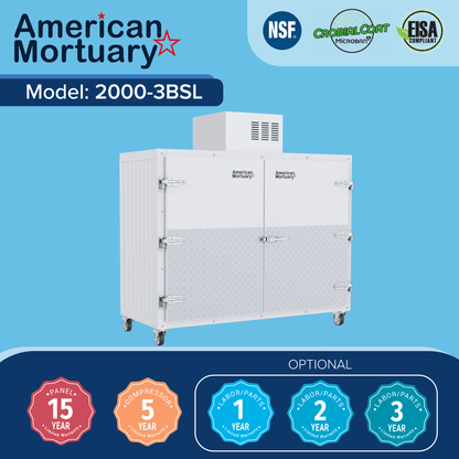 American-made side-loading upright mortuary cooler manufactured by American Mortuary Coolers