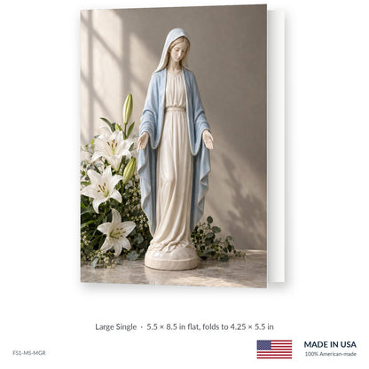 Madonna funeral service folder, Large Single 5.5 × 8.5 in, shown slightly open, Funeral Source One FS1-MS-MGR, Made in the USA