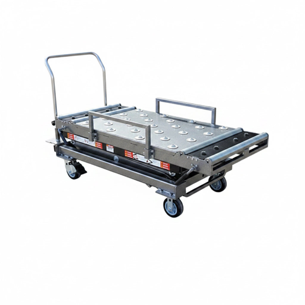 American Mortuary HD-1000-M manual hydraulic scissor lift for crematory and mortuary use, full side view