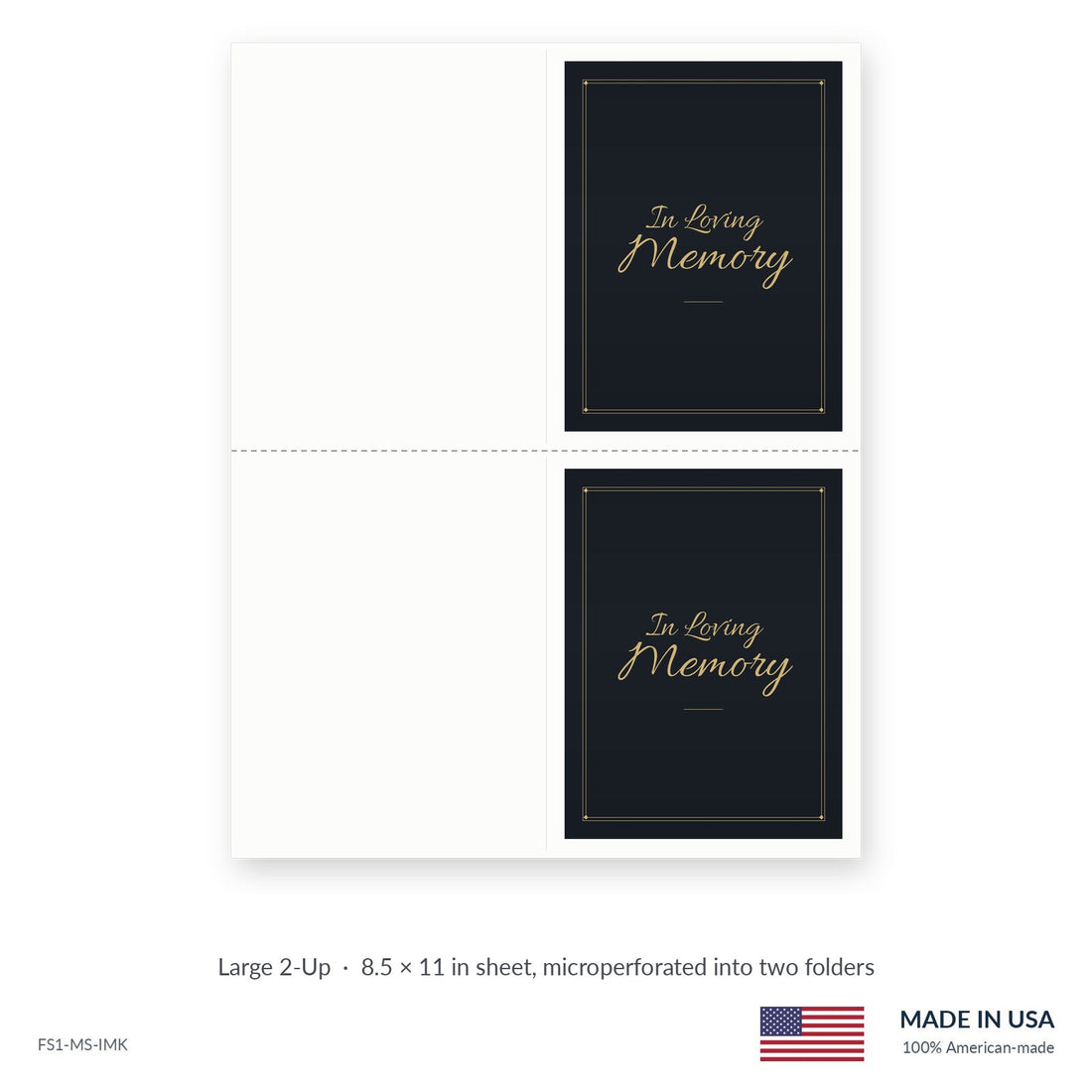 Memory Black funeral service folders, Large 2-Up 8.5 × 11 in sheet microperforated into two folders, Funeral Source One FS1-MS-IMK