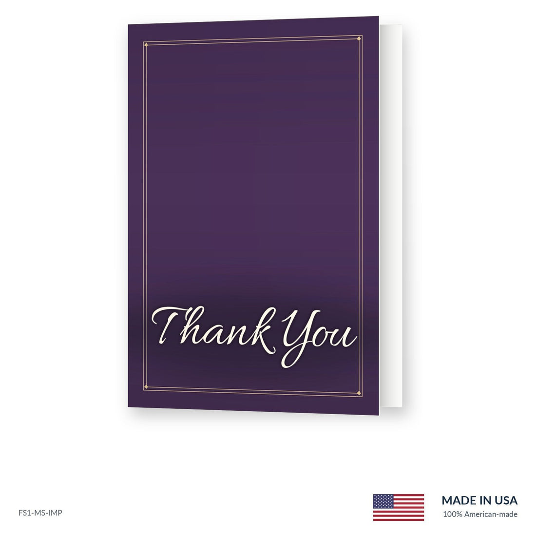 Memory Purple funeral acknowledgment card shown slightly open, Funeral Source One FS1-MS-IMP, Made in the USA