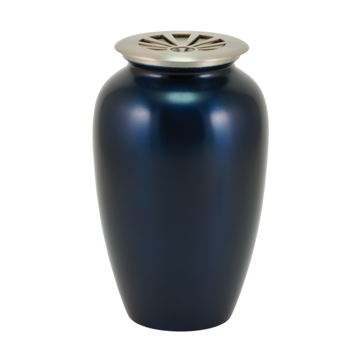 Midnight Blue Sunray Brass Scattering Urn, Full size adult scattering urn, 10 x 6.1 x 6.1 in