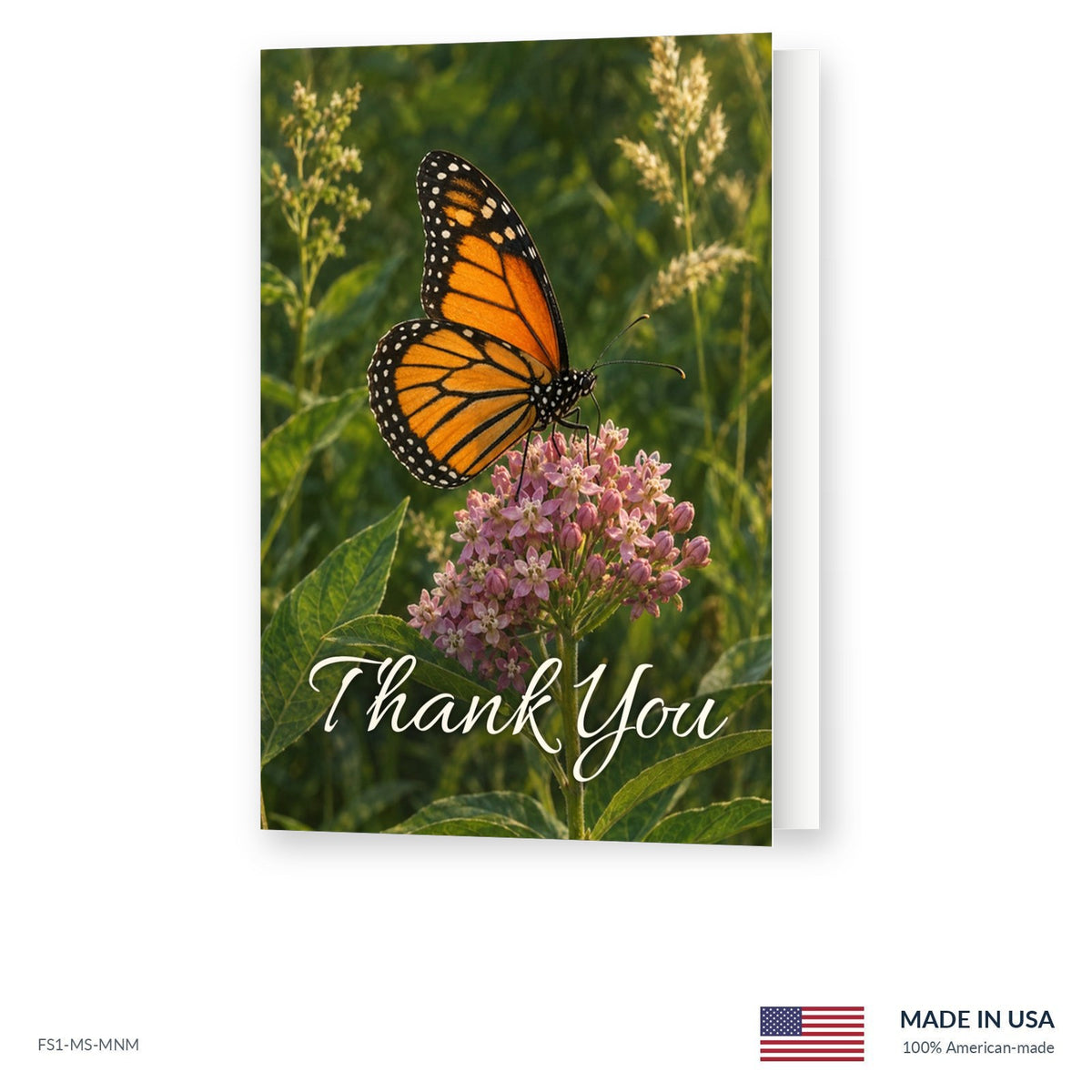 Monarch funeral acknowledgment card shown slightly open, Funeral Source One FS1-MS-MNM, Made in the USA