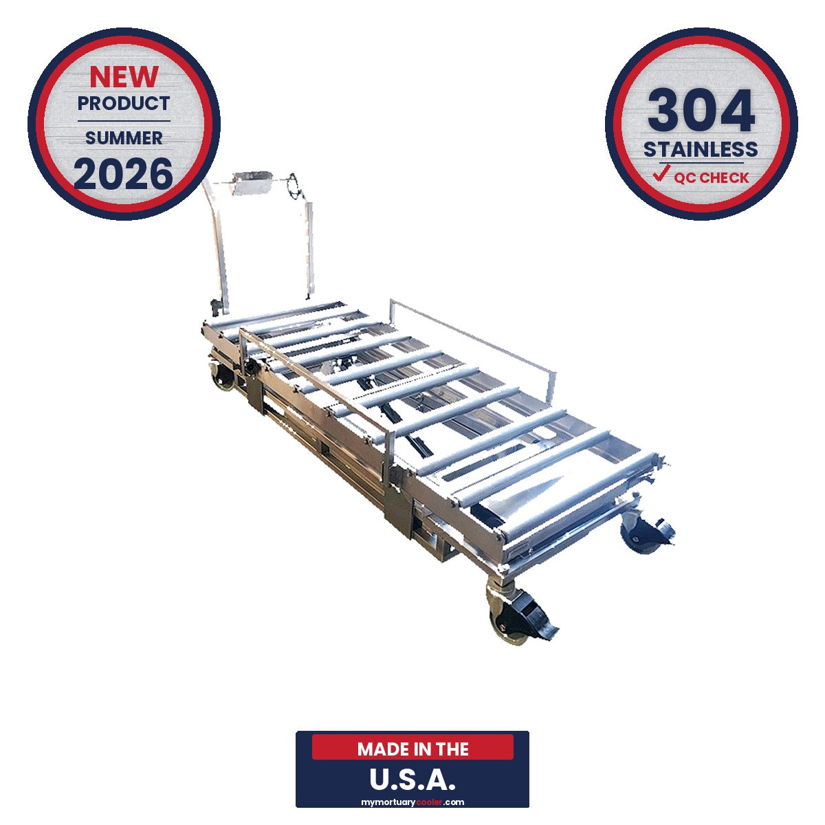 Body Tray Lift Trolley | Stainless Steel Mortuary Cart | Roller Deck Cadaver Tray Loader | Upright Cooler Loading Lift