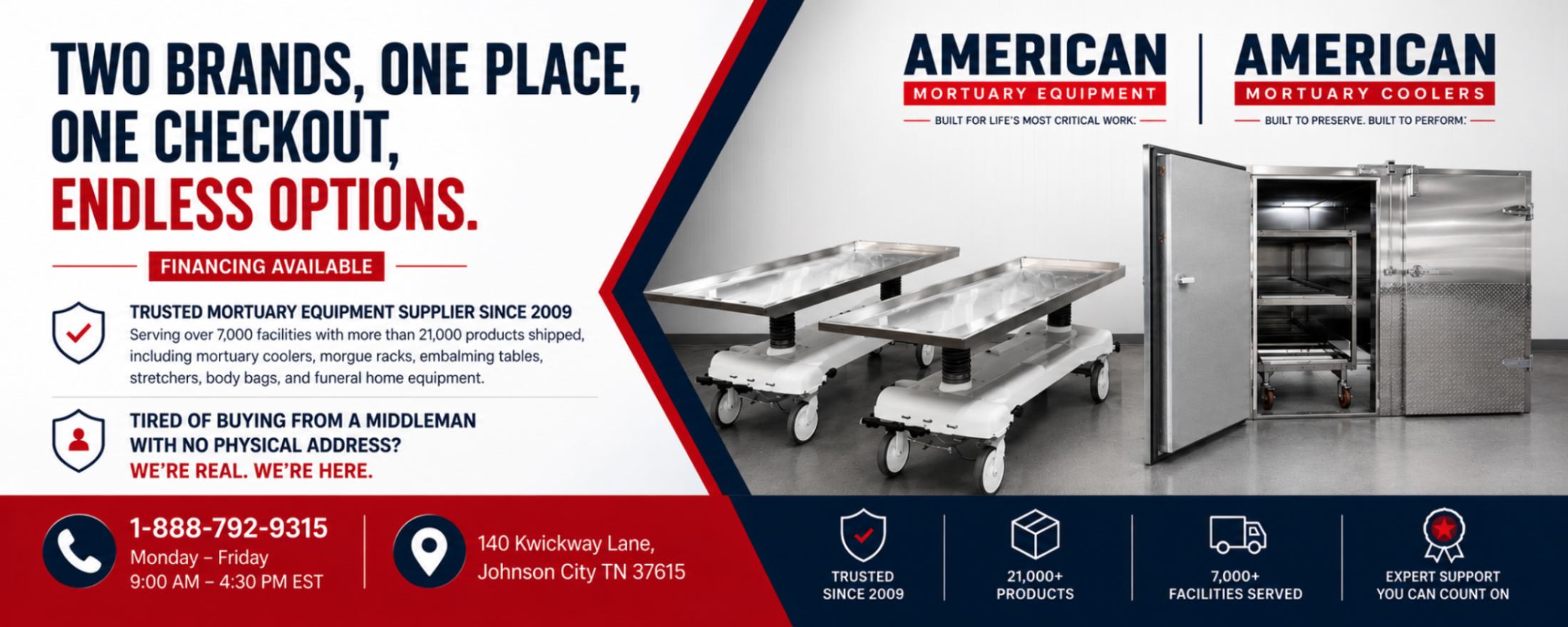American Mortuary Equipment and American Mortuary Coolers product showcase featuring embalming tables, mortuary coolers, funeral home equipment and body storage solutions available through one checkout platform