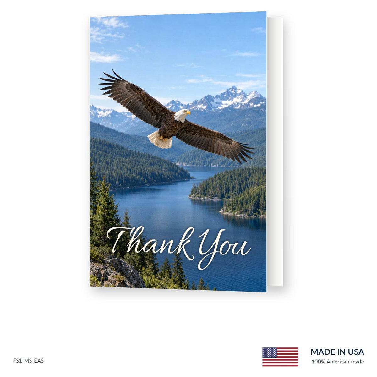 Mountain Eagle funeral acknowledgment card shown slightly open, Funeral Source One FS1-MS-EAS, Made in the USA