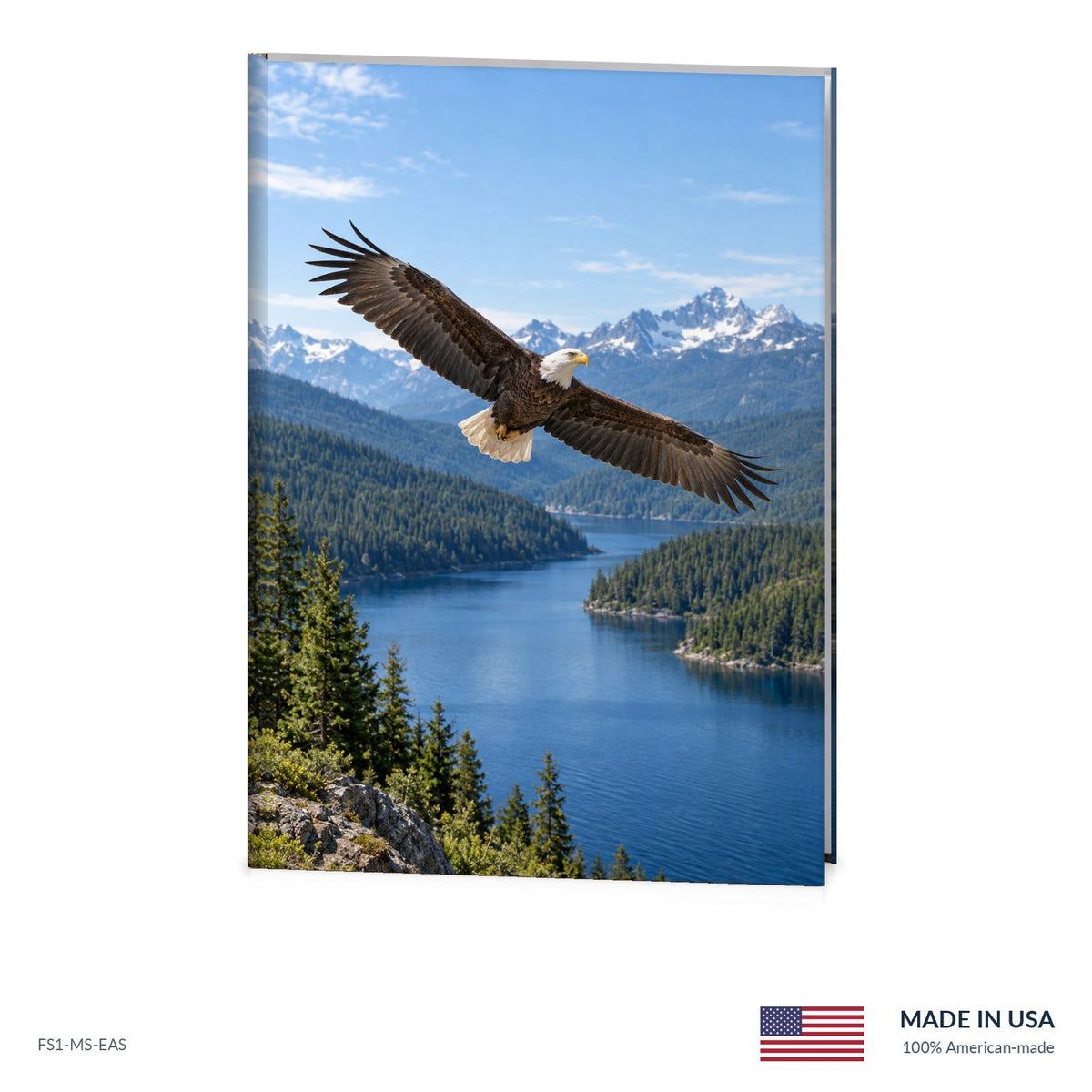 Mountain Eagle funeral register book with full-color cover wrap and visible page edge, Funeral Source One FS1-MS-EAS, Made in the USA