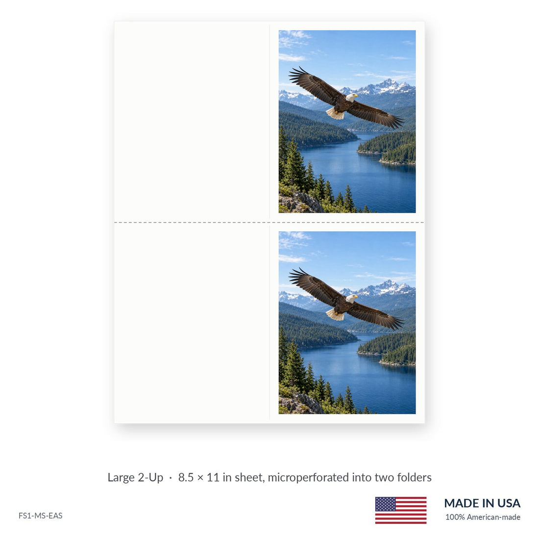 Mountain Eagle funeral service folders, Large 2-Up 8.5 × 11 in sheet microperforated into two folders, Funeral Source One FS1-MS-EAS