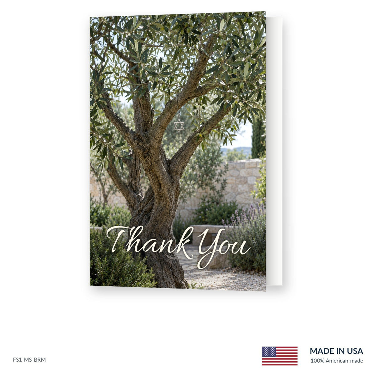 Olive Star funeral acknowledgment card shown slightly open, Funeral Source One FS1-MS-BRM, Made in the USA