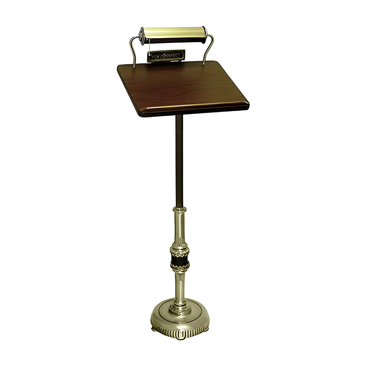 Ornate Pedestal Register Stand in walnut laminate with a brass-finish frame by American Mortuary Equipment