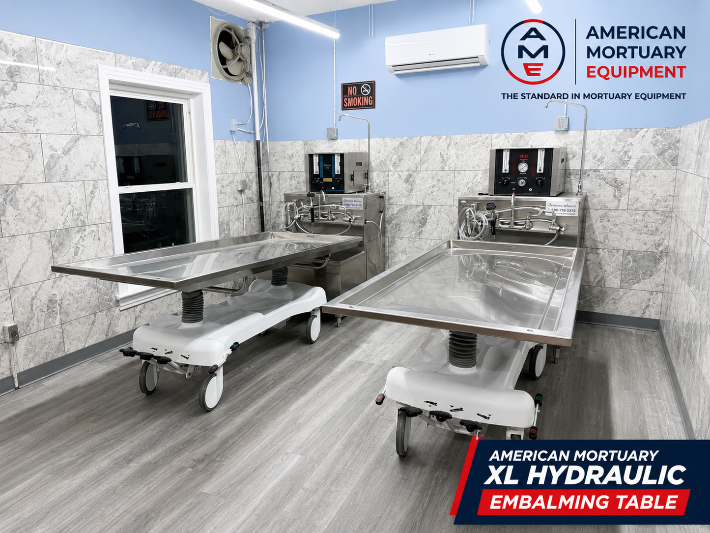 XL Hydraulic Embalming Table | Oversized Bariatric Mortuary Prep Table | Stainless Steel Top | Powered Hydraulic Lift Base | Funeral Home Prep Room | American Mortuary Equipment