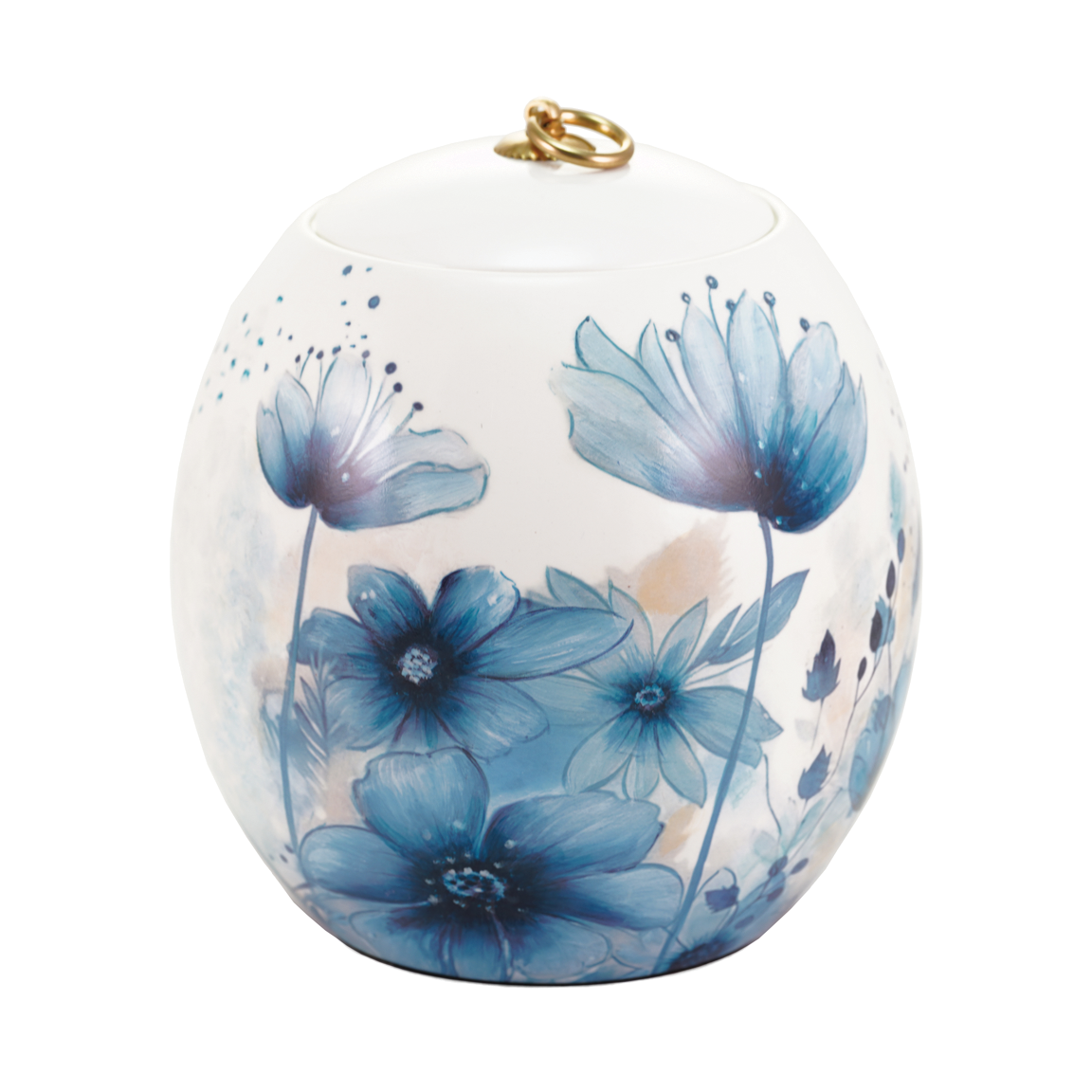 Pearl White Blue Floral Ceramic Full Size Cremation Urn, Full Size (Adult), 9 x 7.9 x 7.9 in