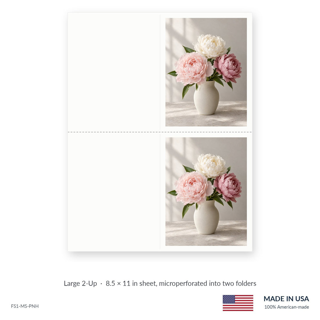 Peony Bouquet funeral service folders, Large 2-Up 8.5 × 11 in sheet microperforated into two folders, Funeral Source One FS1-MS-PNH
