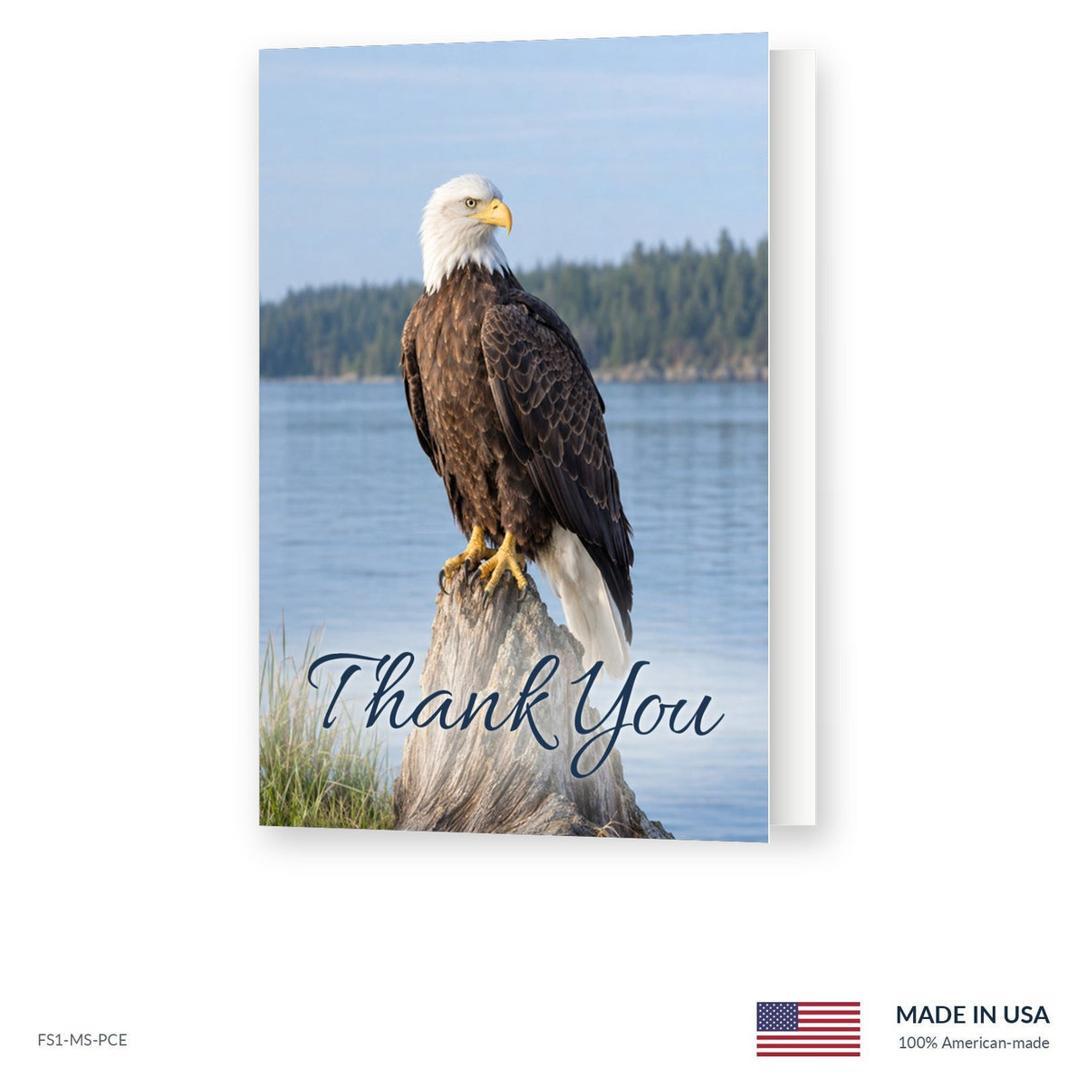 Perched Eagle funeral acknowledgment card shown slightly open, Funeral Source One FS1-MS-PCE, Made in the USA