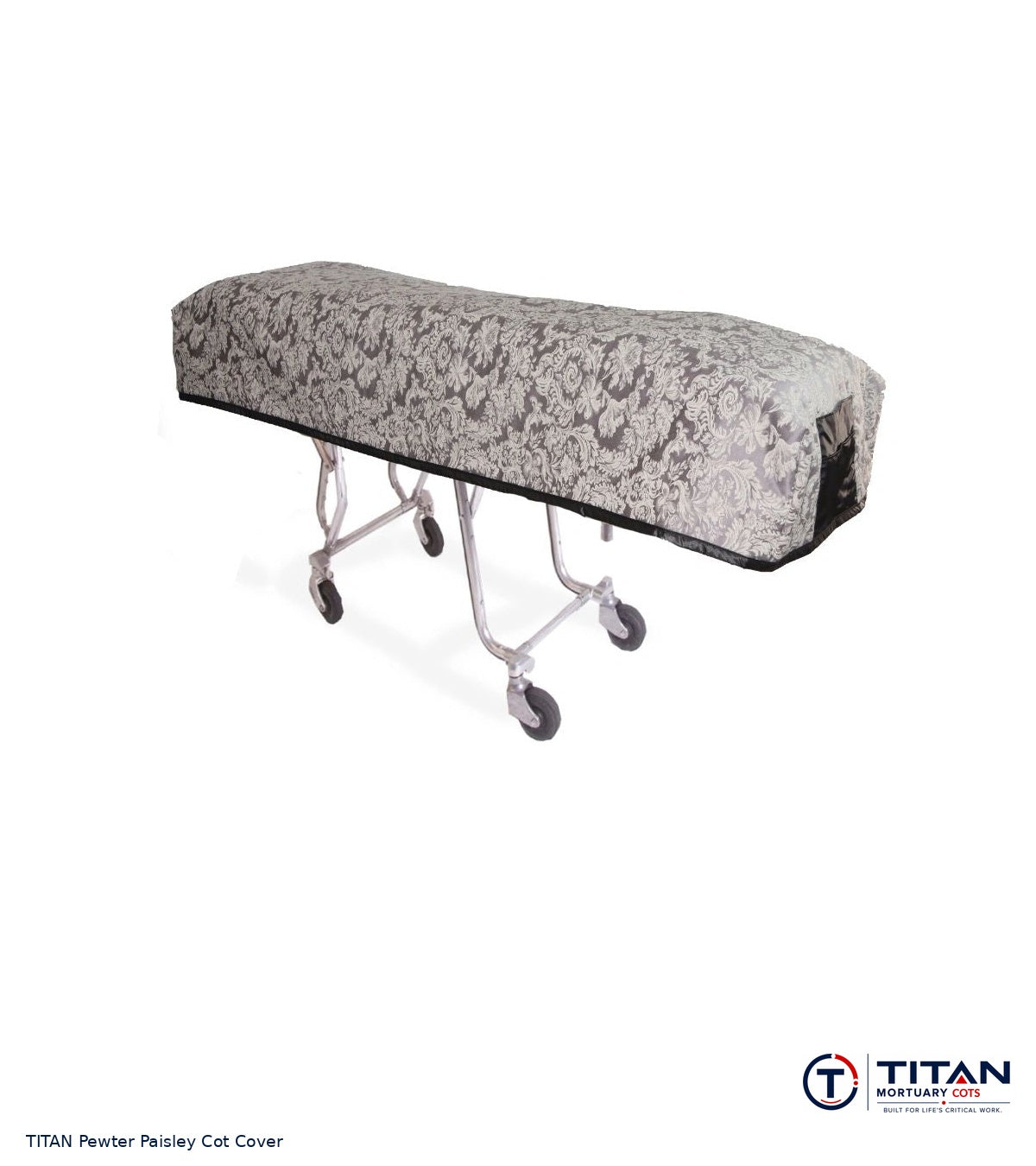 TITAN Pewter Paisley quilted cot cover, fabric face; select American Flag Reversible or Standard Black Lining.
