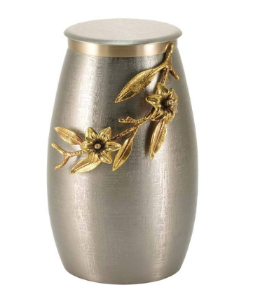 Pewter with Bronze Lily Stainless Steel Full Size Cremation Urn, Full Size (Adult), 9.9 x 7.3 x 7.3 in