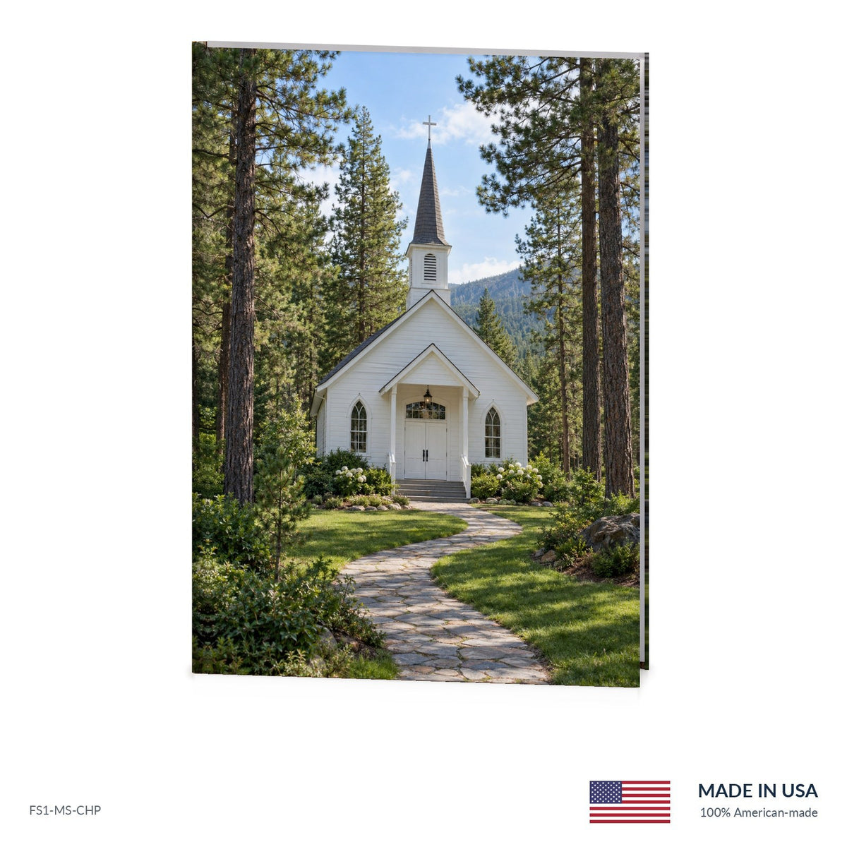 Pine Chapel funeral register book with full-color cover wrap and visible page edge, Funeral Source One FS1-MS-CHP, Made in the USA