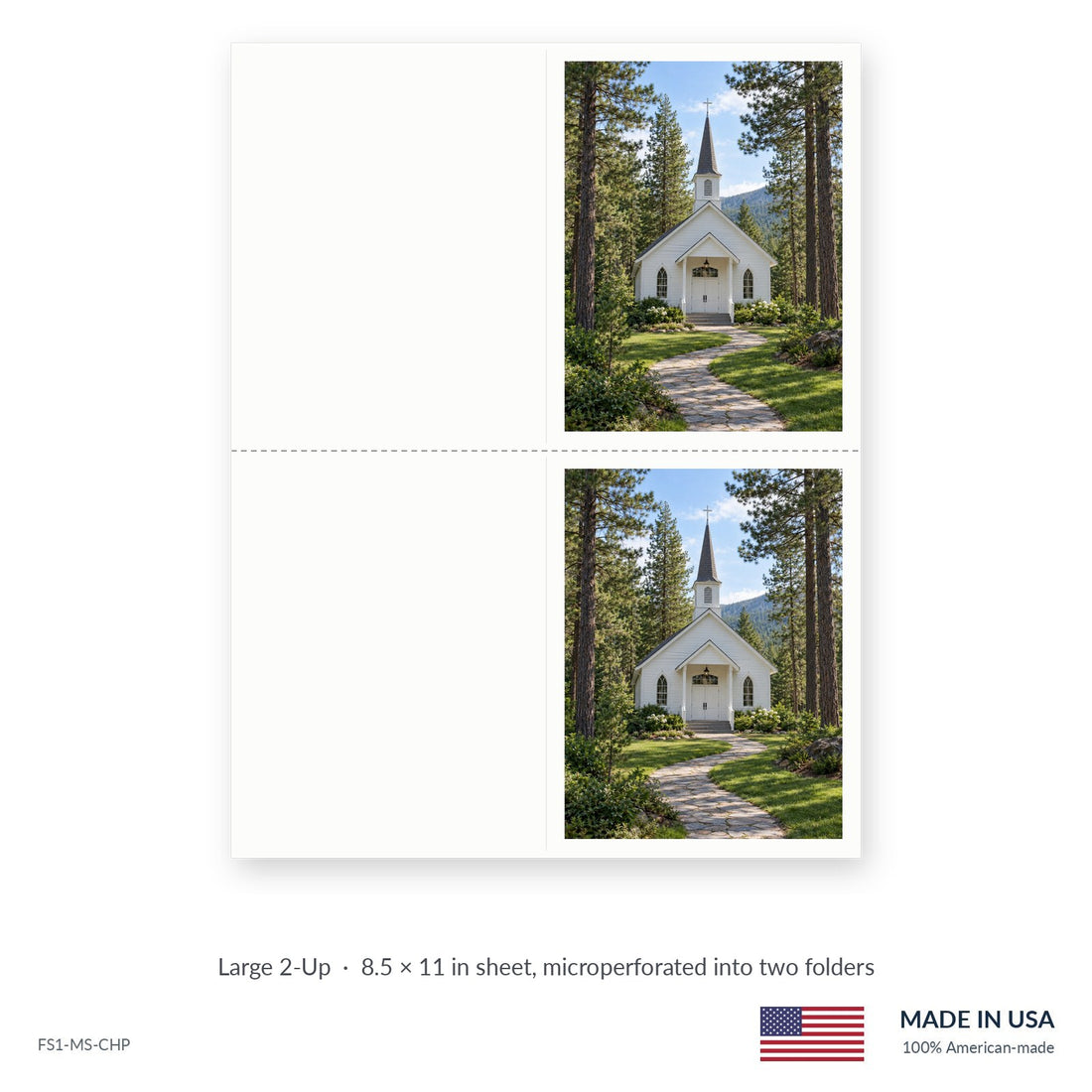 Pine Chapel funeral service folders, Large 2-Up 8.5 × 11 in sheet microperforated into two folders, Funeral Source One FS1-MS-CHP
