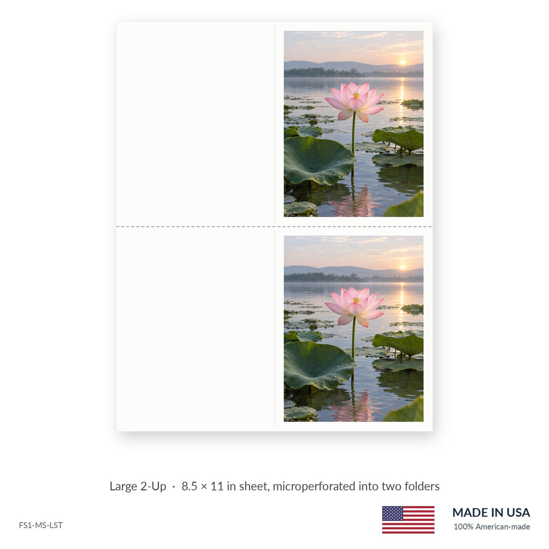 Pink Lotus funeral service folders, Large 2-Up 8.5 × 11 in sheet microperforated into two folders, Funeral Source One FS1-MS-LST