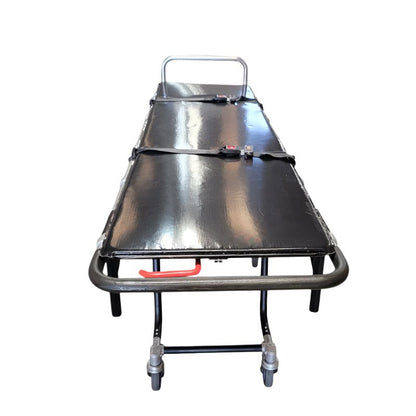 Complete PRO 650X mortuary cot package including 1-inch pad, durable straps, and fitted cot cover from American Mortuary Equipment.